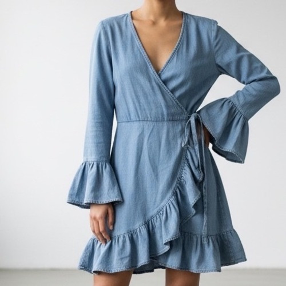 Blue Rain Womens Lyocell Wrap Dress Blue Bell Sleeve Ruffle L coquette boho